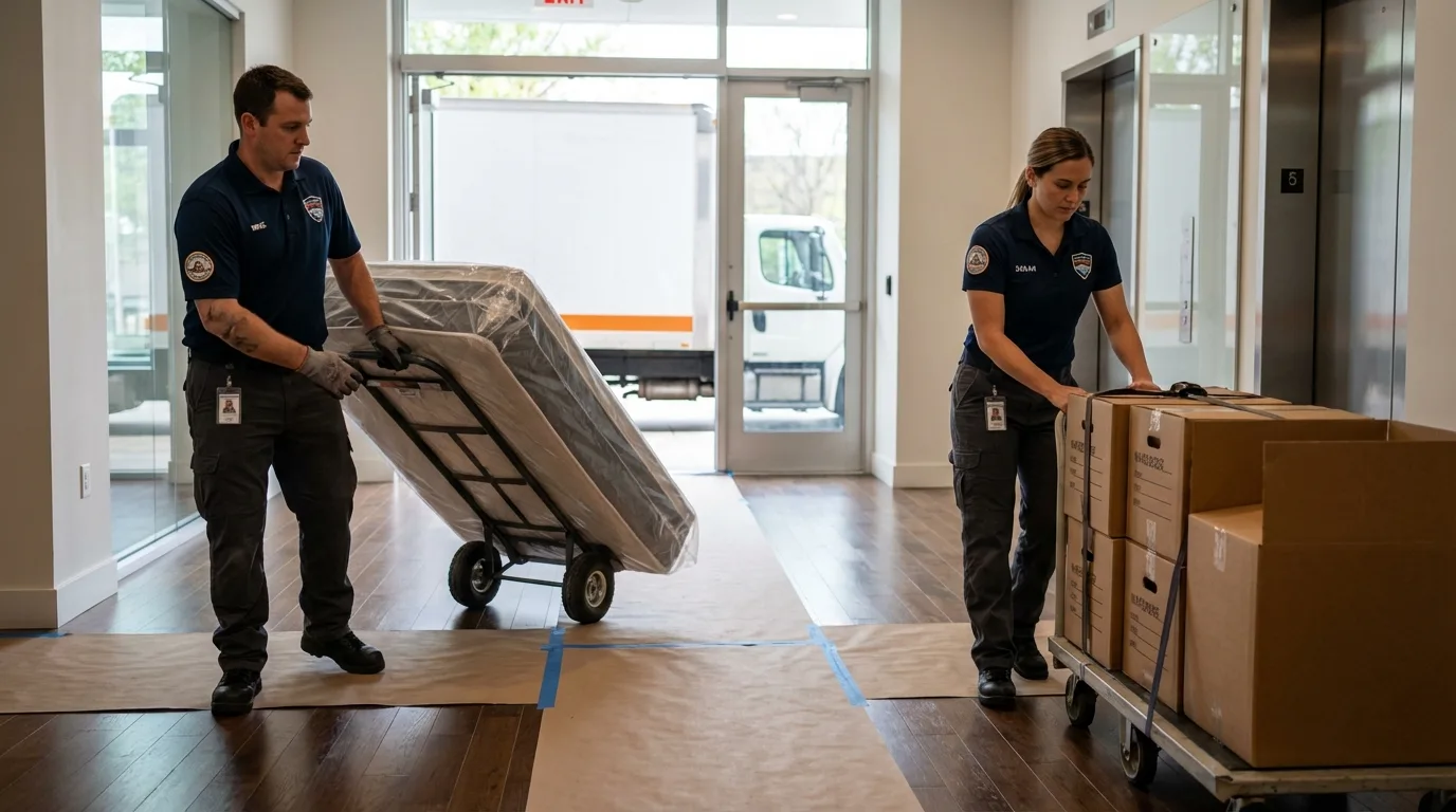 Professional apartment movers loading elevator in Charlotte, VT