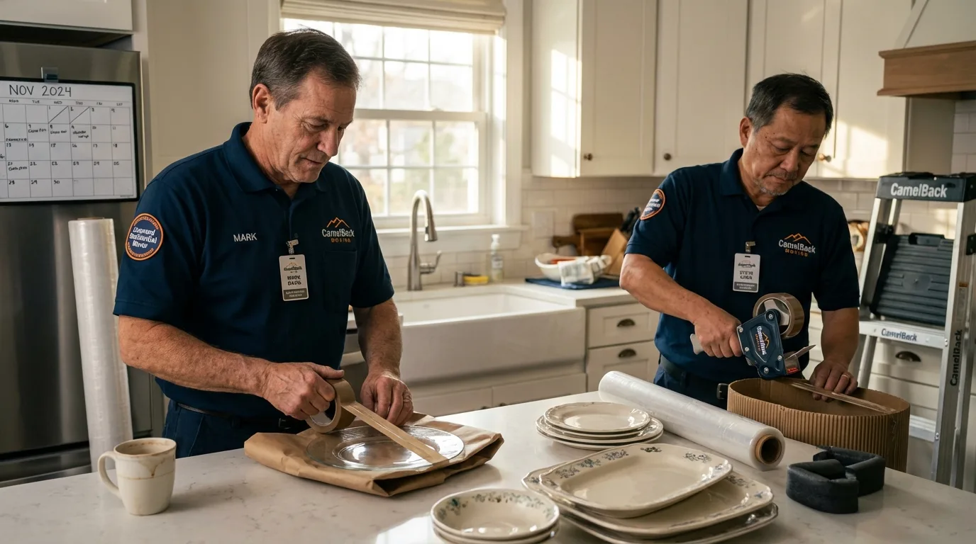 Professional crew packing kitchen dishware in Charlotte, VT